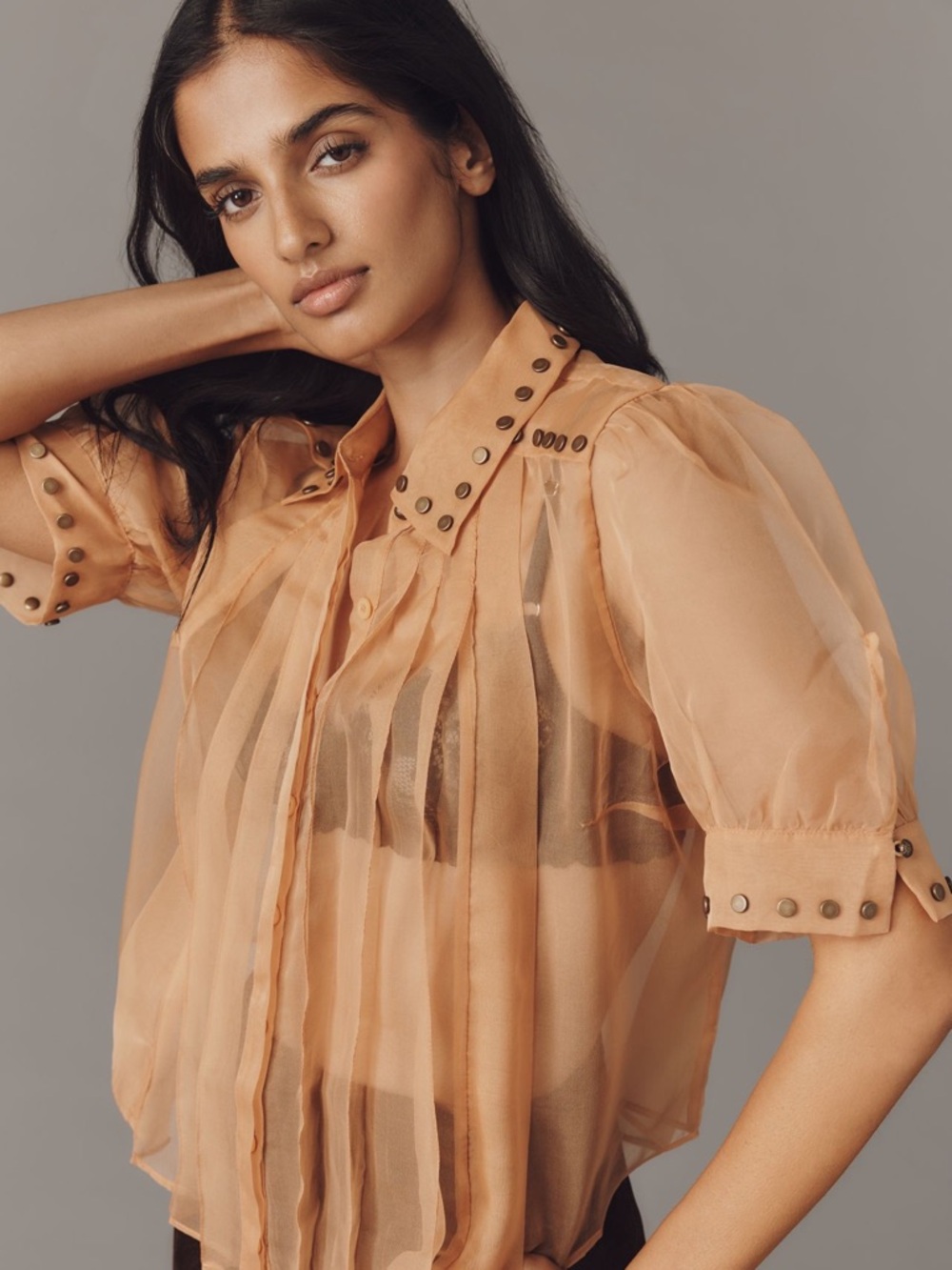 Anthropologie Maeve Sheer Pleated Puff-Sleeve Blouse in Peach